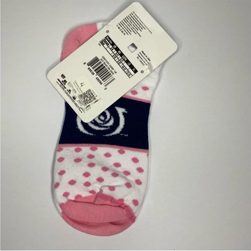 For Bare Feet Socks Kentucky Derby 145 6-11 White Pink Dot Band Blue Pink Argyle